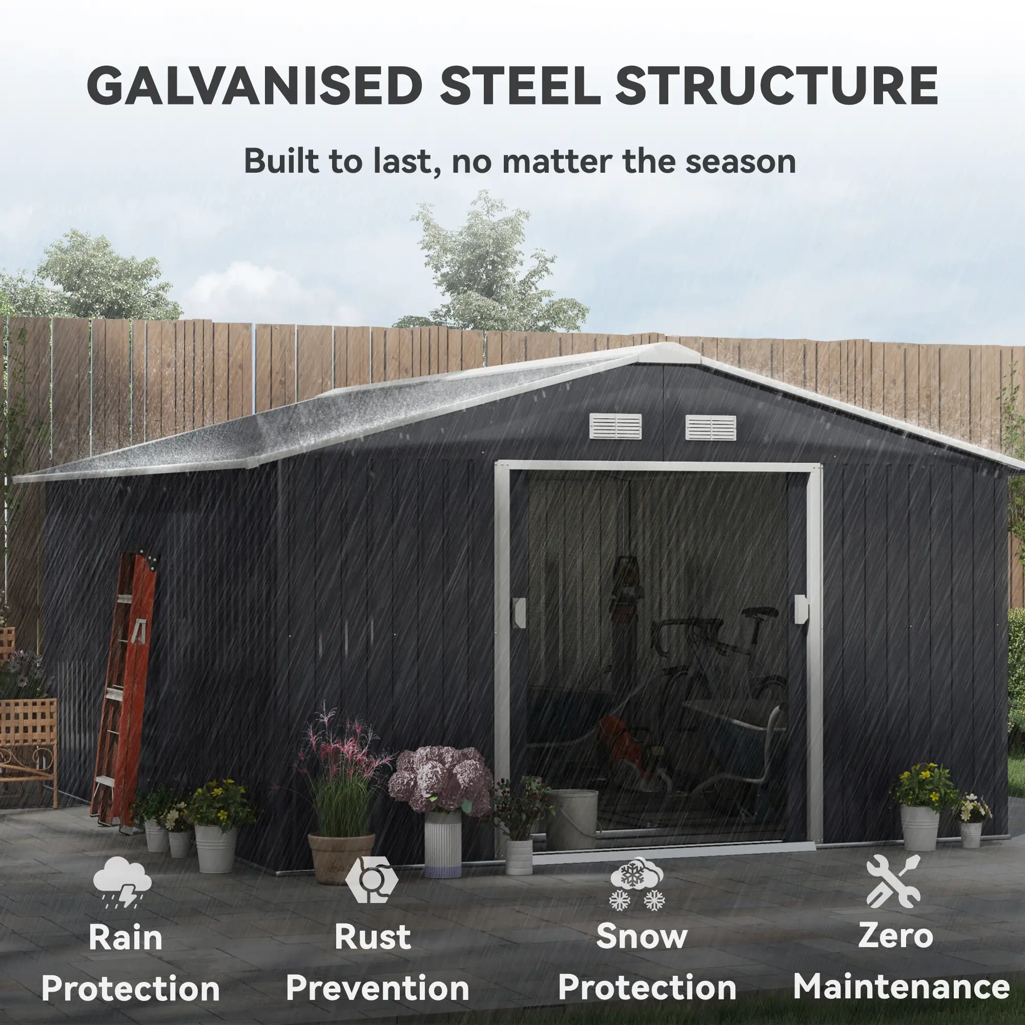 11.2ft x 12.5ft Practical Backyard Garden Storage Tool Shed 4 Ventilation Slots Double Sliding Door, Grey