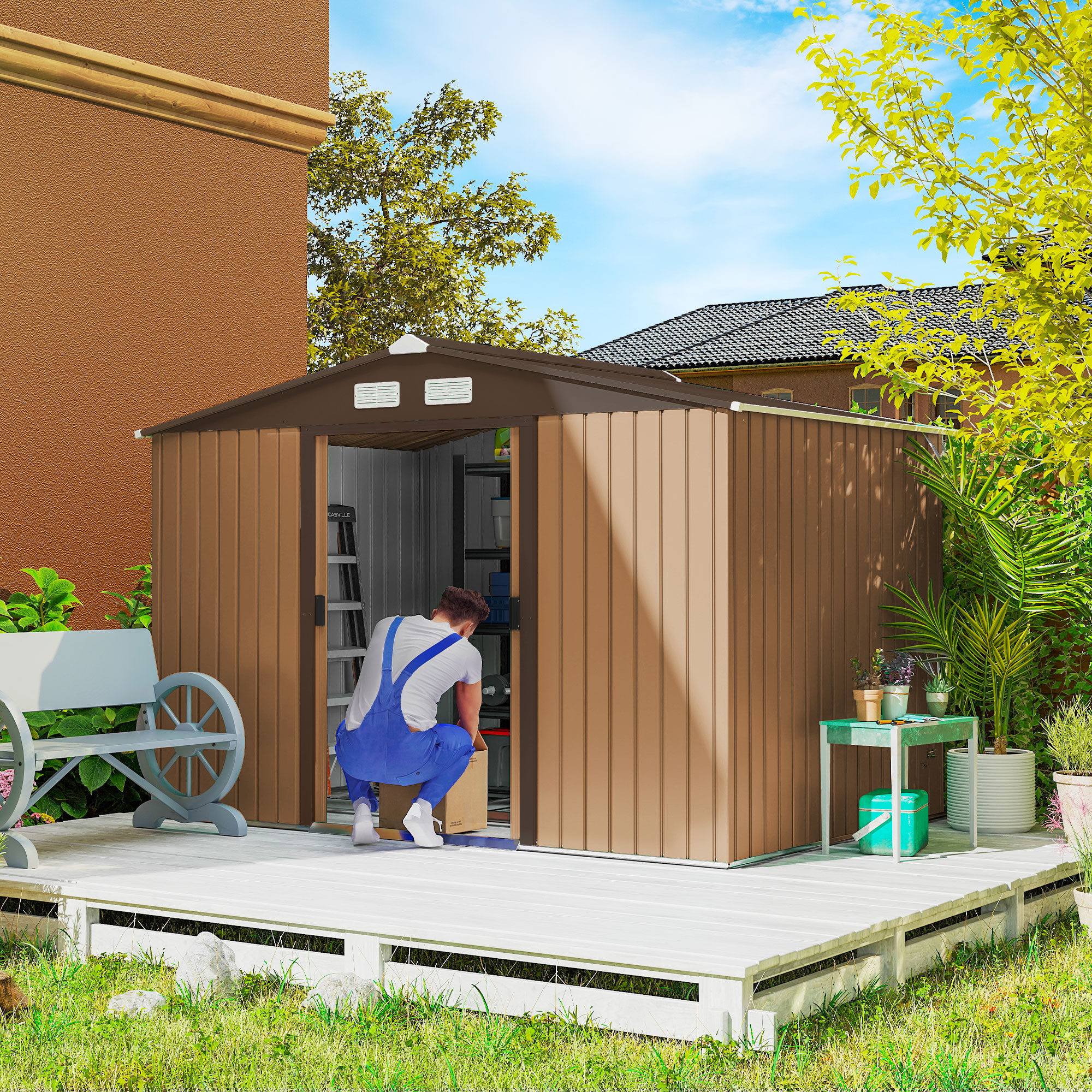 9.1 x 6.4 x 6.3 ft Garden Metal Storage Shed with Floor Foundation, Durable Outdoor Tool Storage House with Double Doors, Weather-Resistant, 