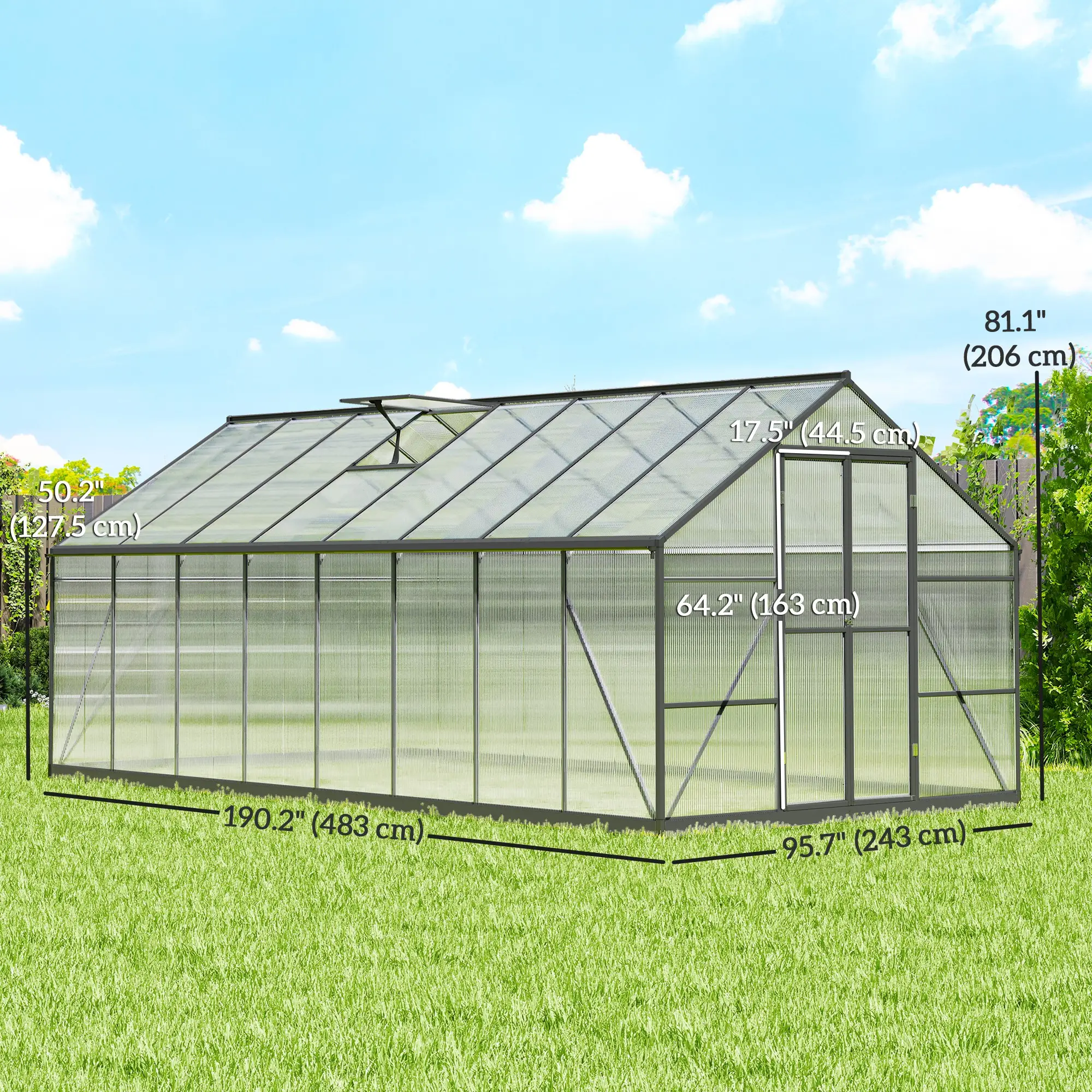 Polycarbonate Greenhouse, Walk-in Green House with Two Top Windows, Rain Gutter and Swing Door, 8' x 16' x 7', Dark Grey