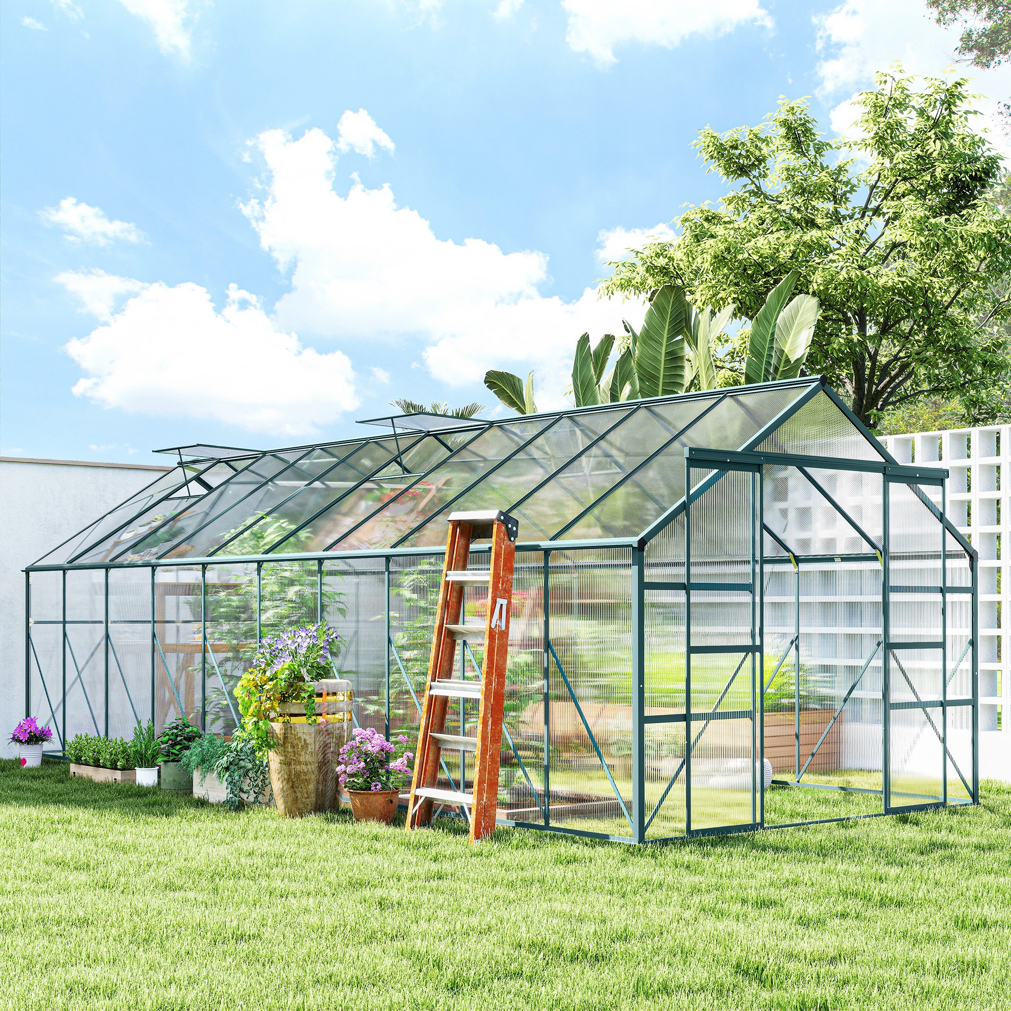 Aluminum Greenhouse Polycarbonate Walk-in Garden Greenhouse with Sliding Door, 20' x 8', Green