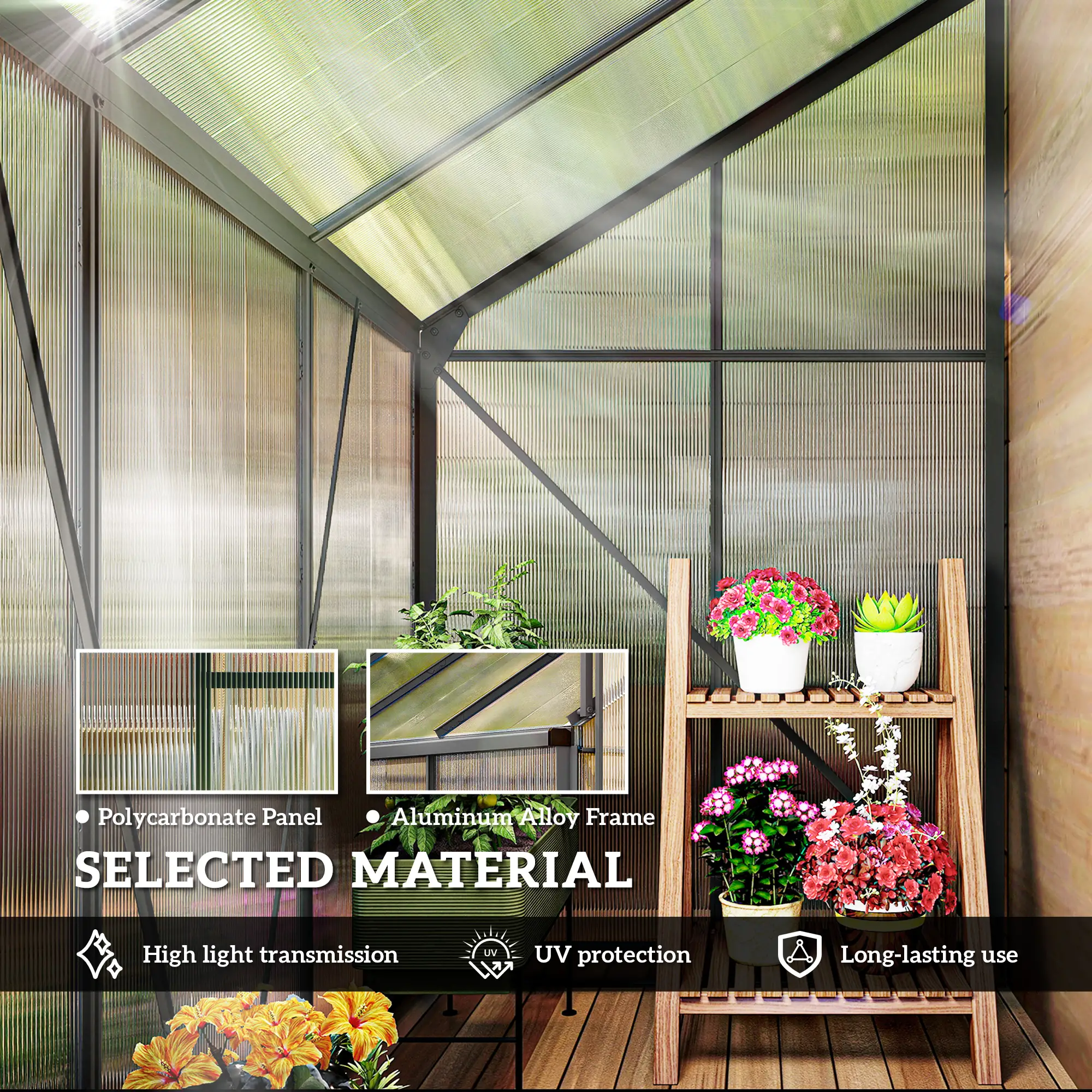 Aluminum Lean-to Greenhouse Polycarbonate Walk-in Greenhouse with Rain Gutter and Sliding Door, 6' x 4', Dark Grey