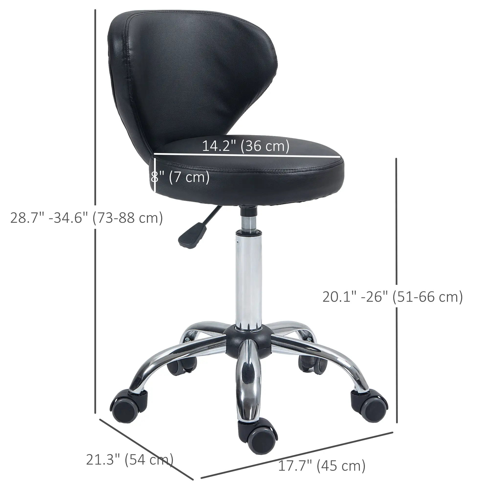 Adjustable Swivel Salon Stool with Backrest and Wheels, Office & Living Room Chair, Synthetic Leather, Black