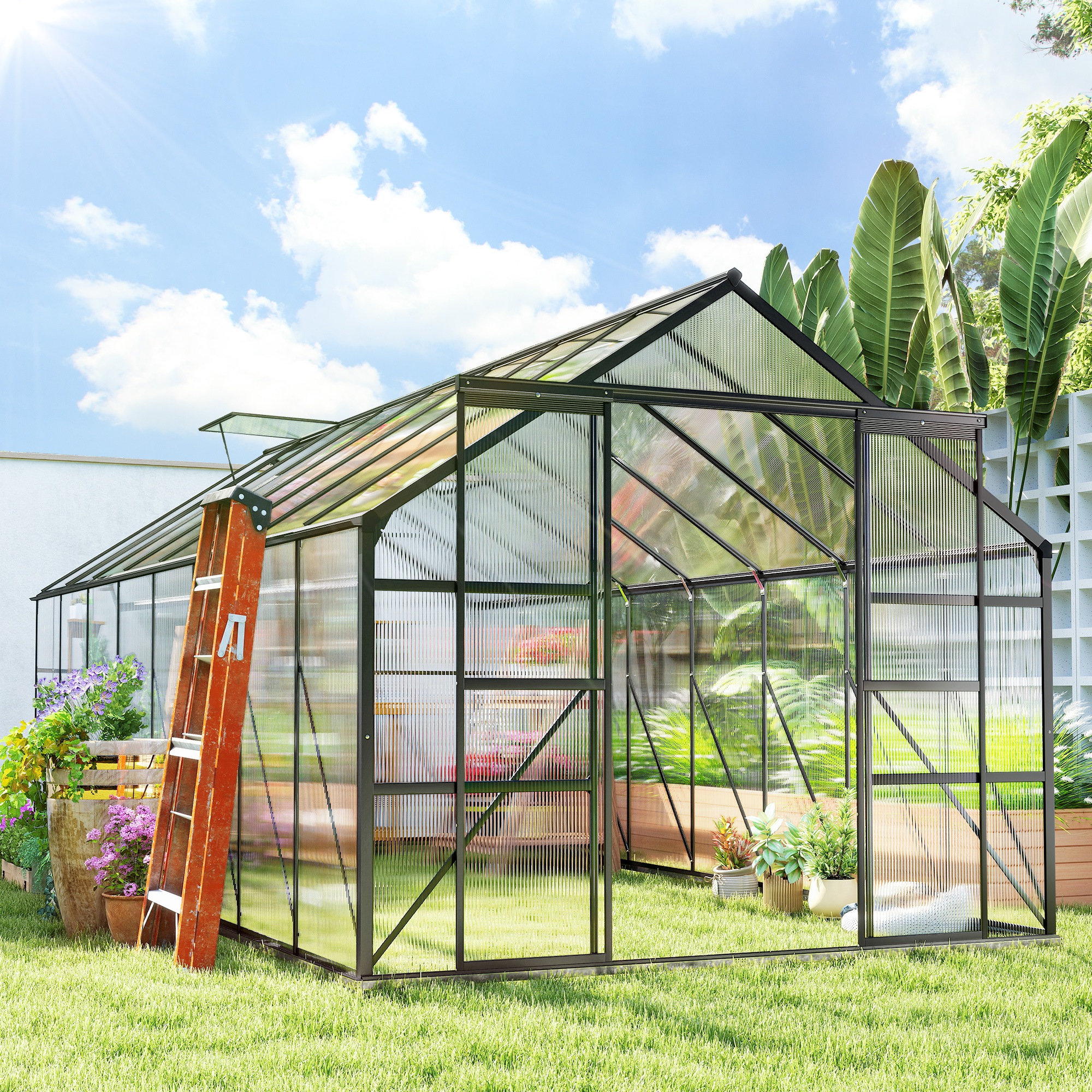 Aluminum Greenhouse Polycarbonate Walk-in Garden Greenhouse Kit with Rain Gutter and Sliding Door, 16' x 8', Dark Grey