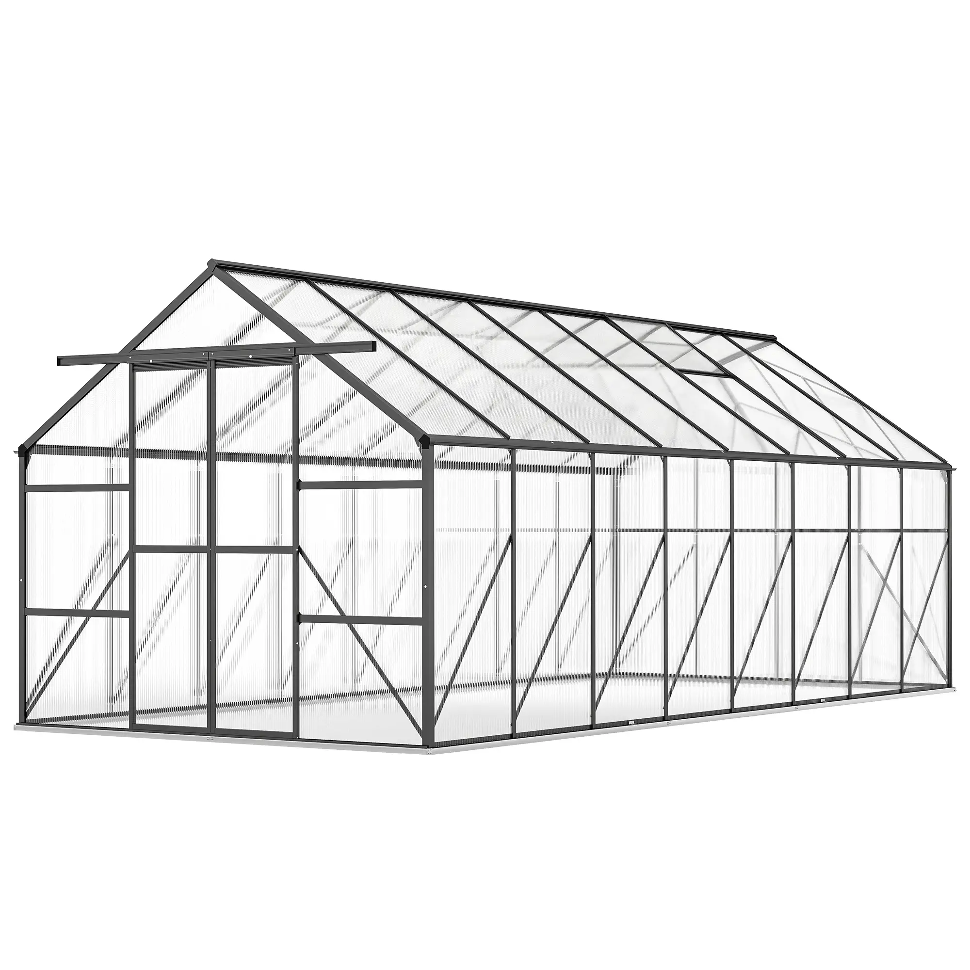 Aluminum Greenhouse Polycarbonate Walk-in Garden Greenhouse Kit with Rain Gutter and Sliding Door, 16' x 8', Dark Grey