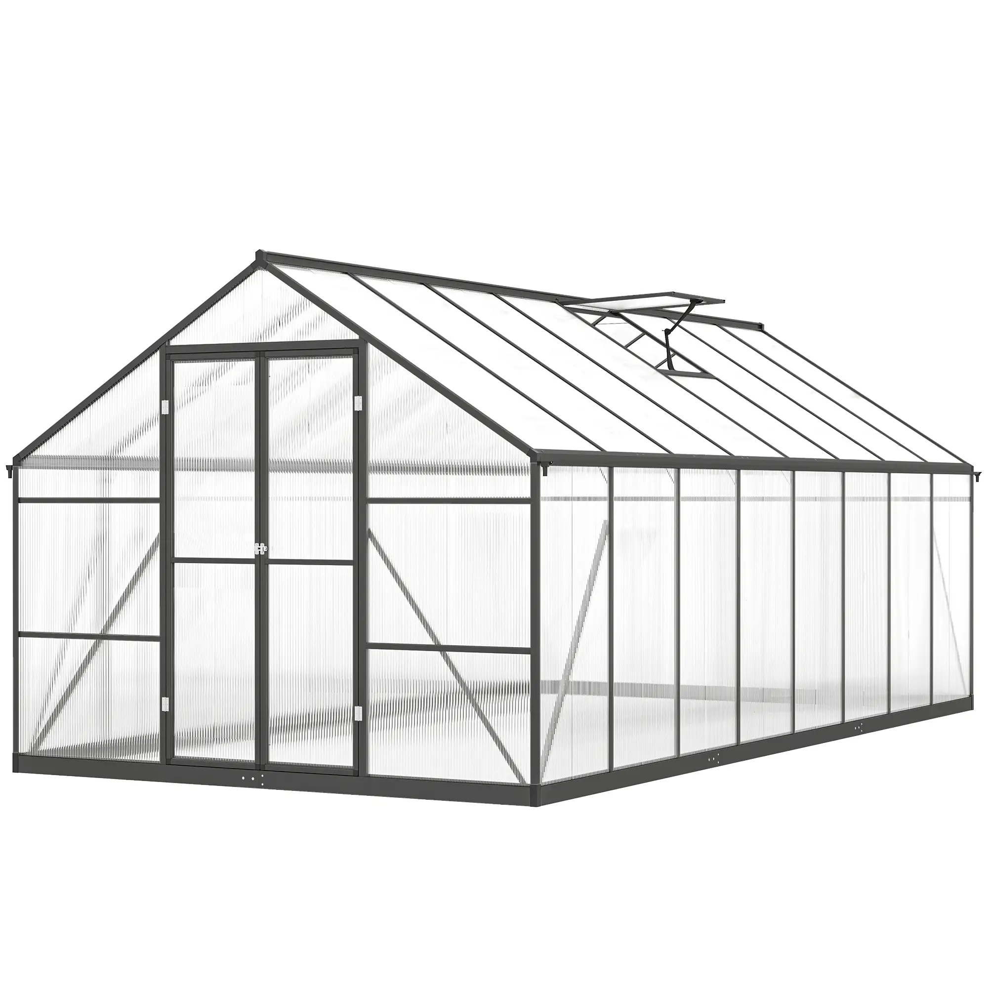 Polycarbonate Greenhouse, Walk-in Green House with Two Top Windows, Rain Gutter and Swing Door, 8' x 16' x 7', Dark Grey