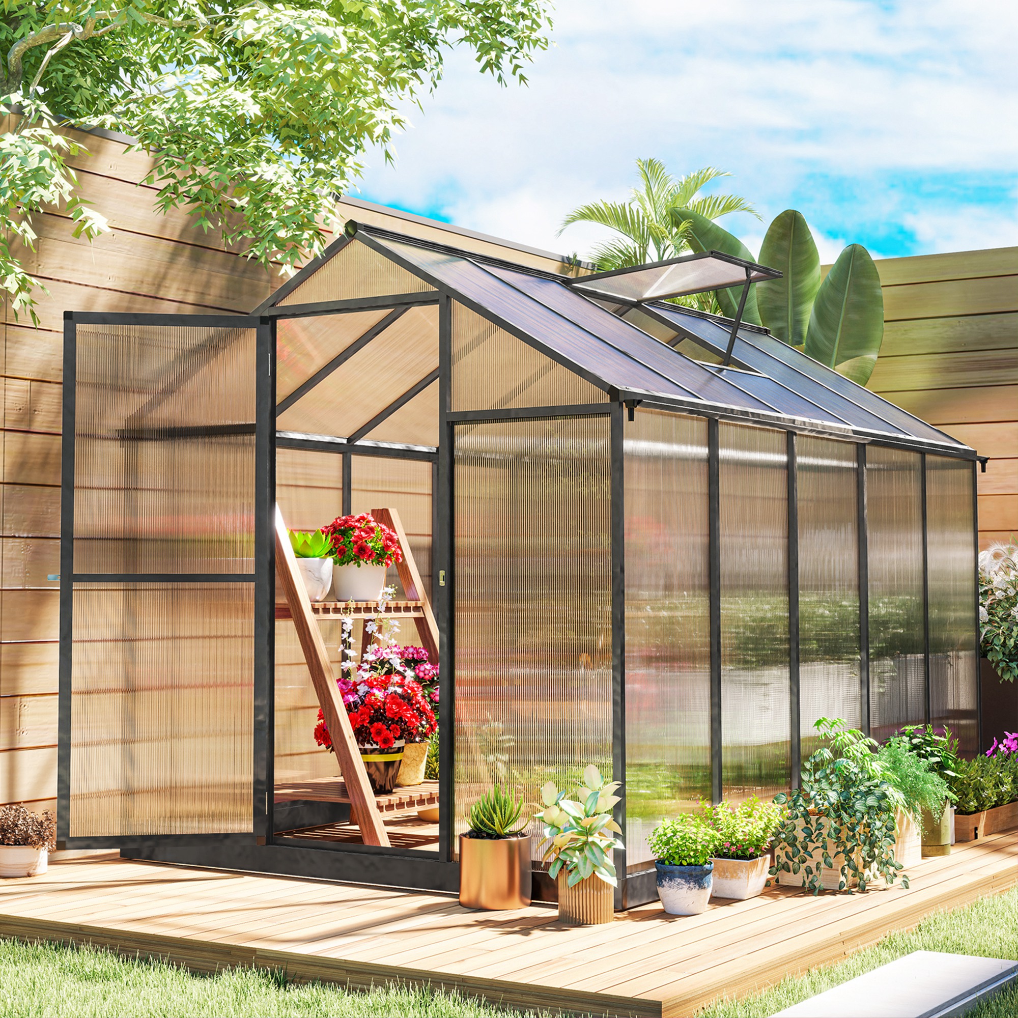  Polycarbonate Greenhouse, Aluminum Walk-In Green House Kit Garden, 6' x 10' x 6.4', Charcoal Grey