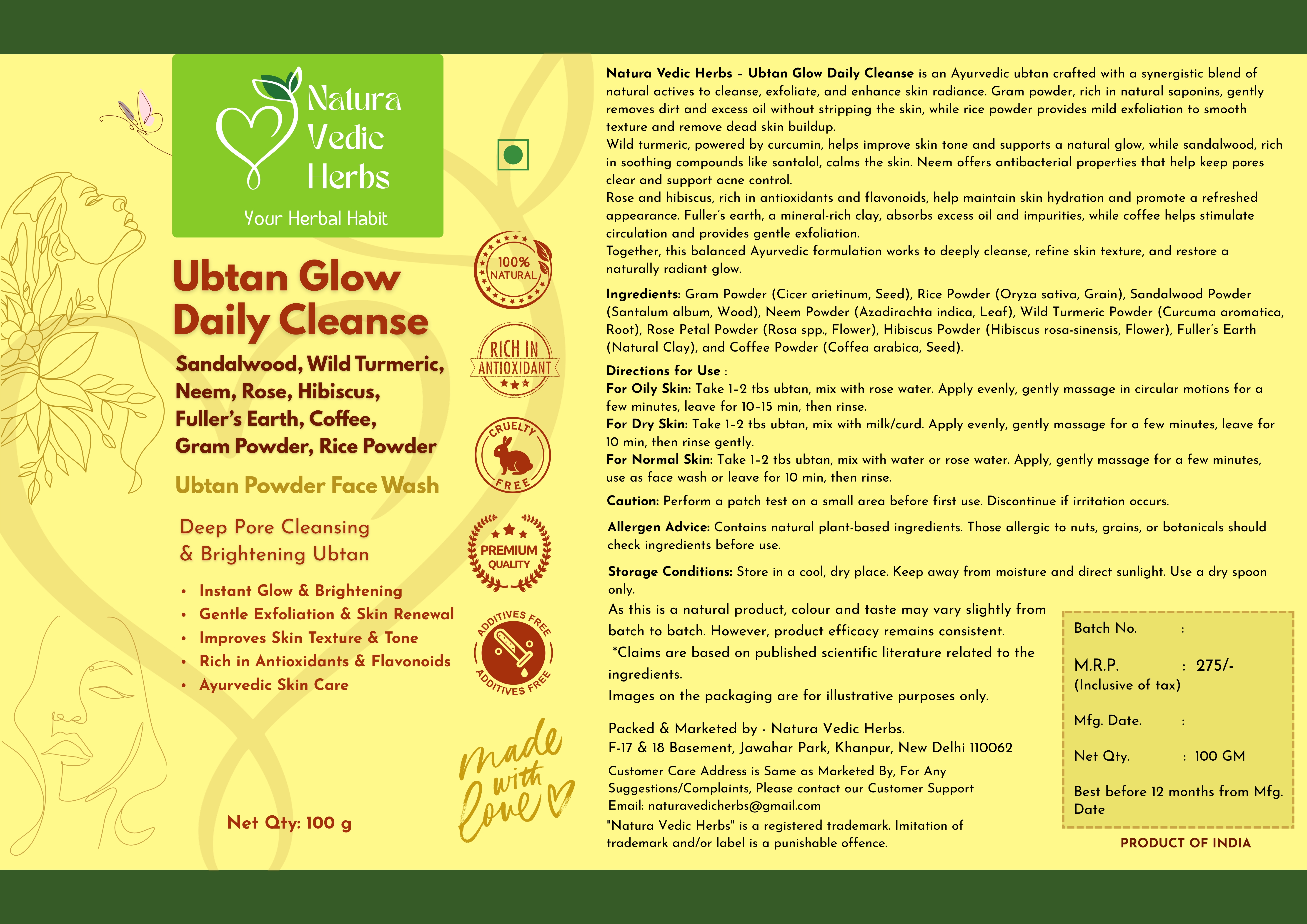 Ubtan Glow Daily Cleanse Powder Face Wash  100 gm