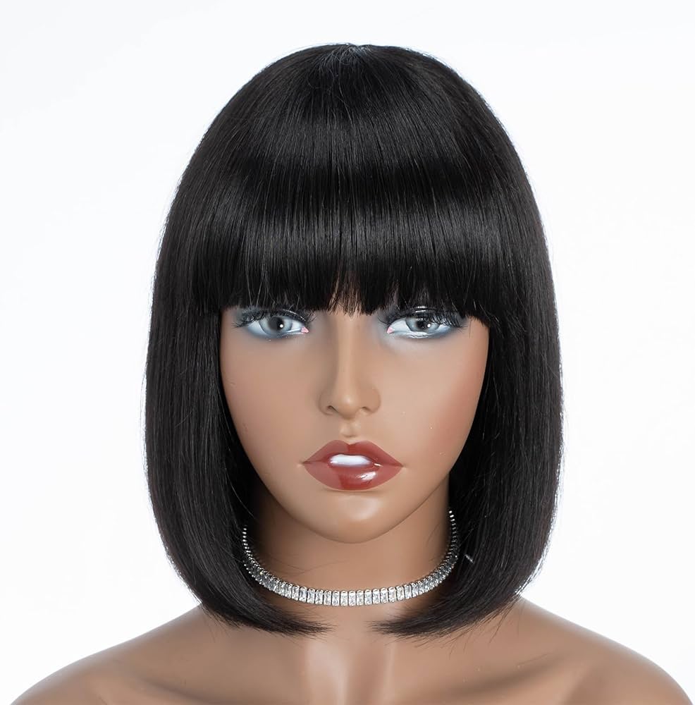 Straight Fringe Bob Wig With Bangs Brazilian Short Bob Human Hair Wigs For Women Machine Made Wig With Bangs Remy Hair Full Wig Natural Color