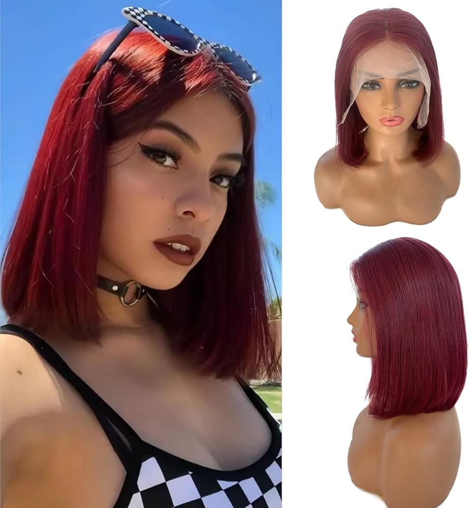 Glueless 99J Burgundy 13x4 Frontal Lace Straight Short Bob Wig
