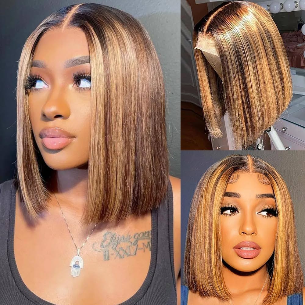 Glueless 13x4 Lace Frontal Honey Blonde Ombre Highlight Bob wig Remy Hair
