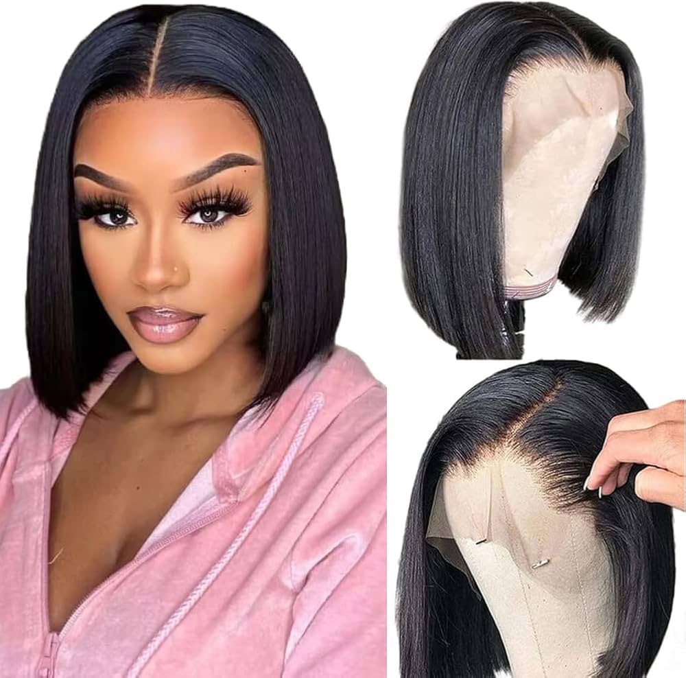 Ear to Ear Lace Frontal Bob Wig Straight Human Hair Natural Hairline Pre-Pucked Middle Part 13x1 Lace Wig Peruvian Hair