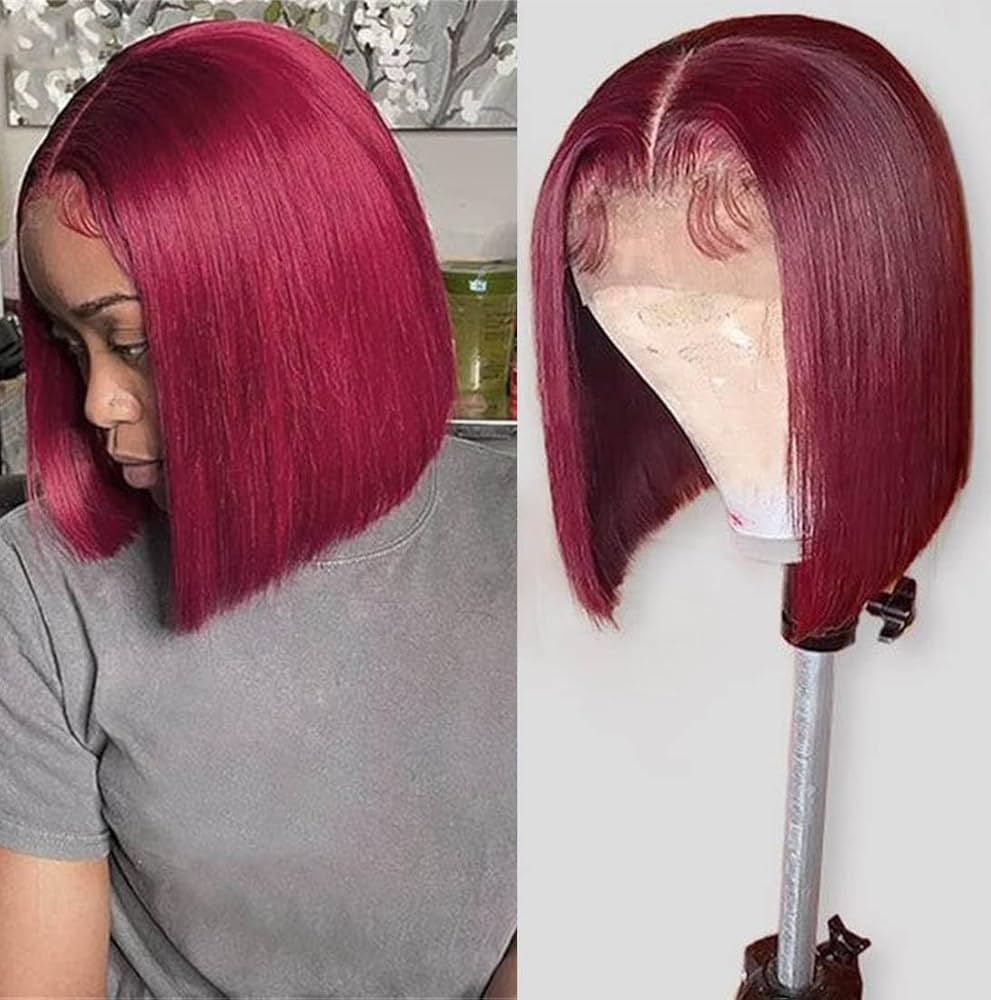Glueless 99J Burgundy 13x4 Frontal Lace Straight Short Bob Wig