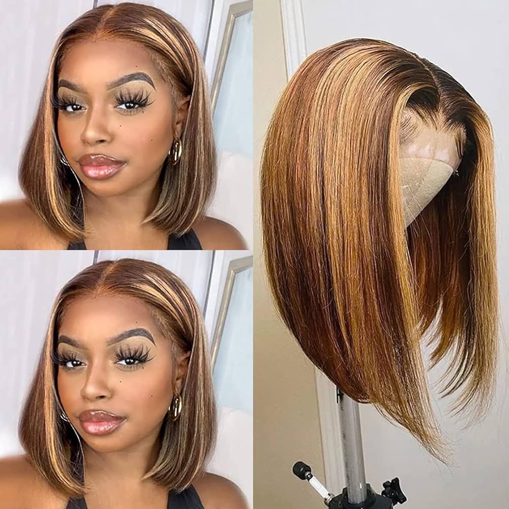 Glueless Honey Blonde Highlight 4x4 Straight Bob wig