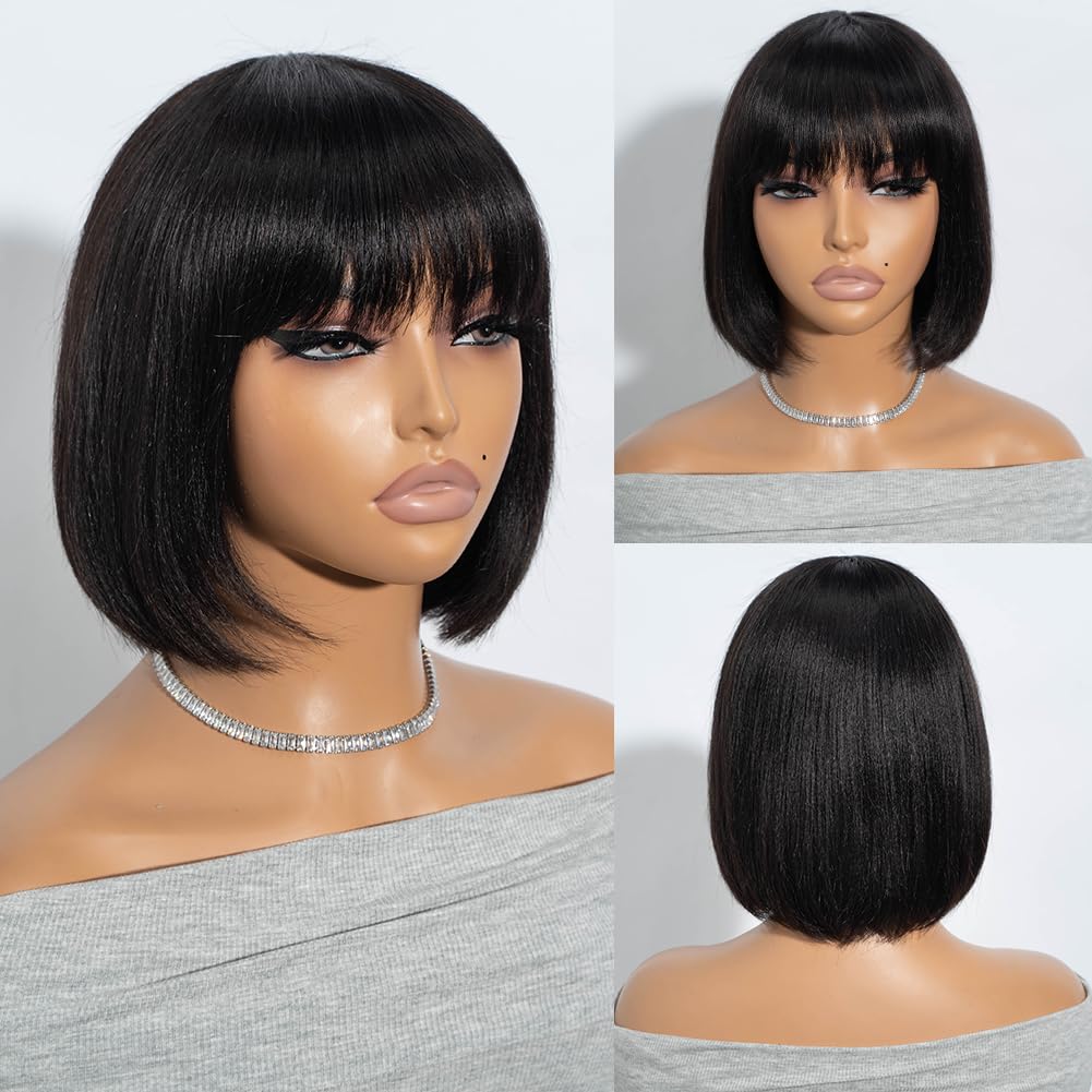 Straight Fringe Bob Wig With Bangs Brazilian Short Bob Human Hair Wigs For Women Machine Made Wig With Bangs Remy Hair Full Wig Natural Color