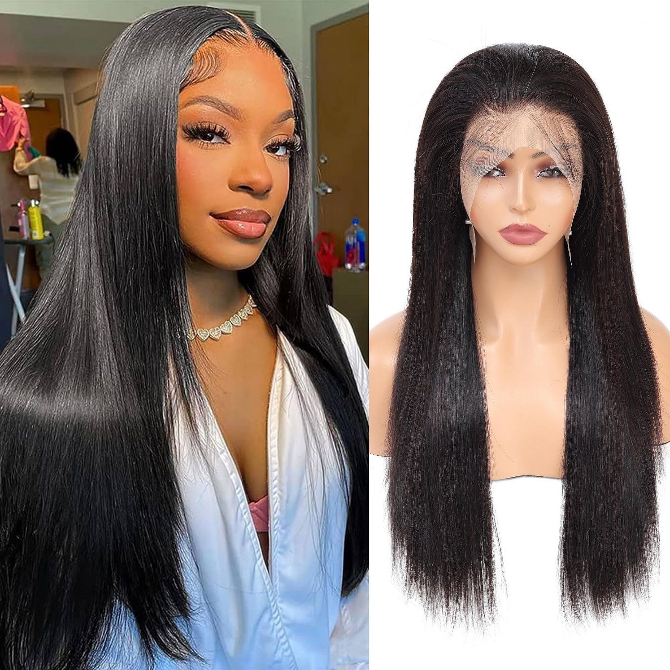 ReadytoGo Glueless 13x4 Full Frontal Lace Straight Peruvian Human Hair Wig
