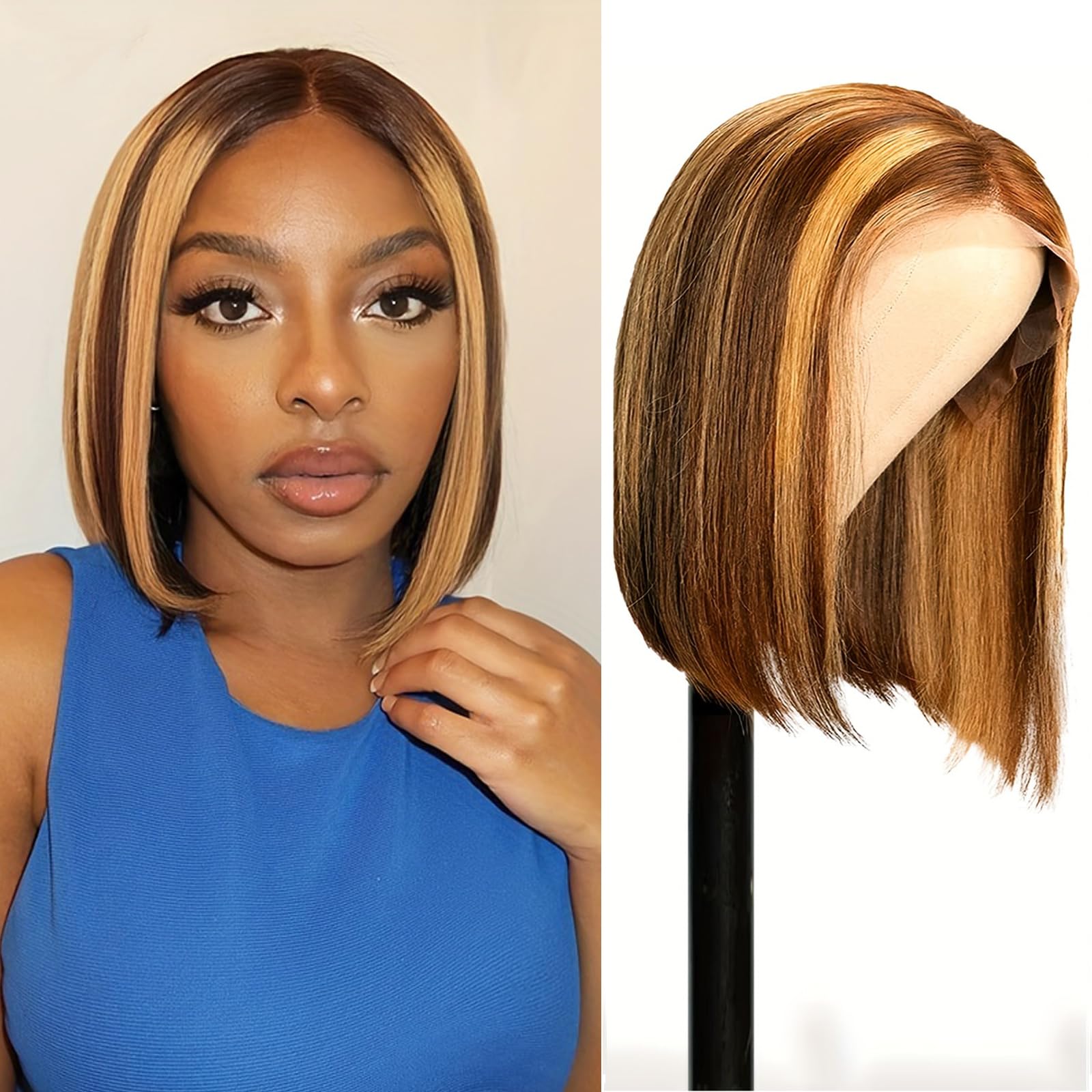 Glueless Honey Blonde Highlight 4x4 Straight Bob wig