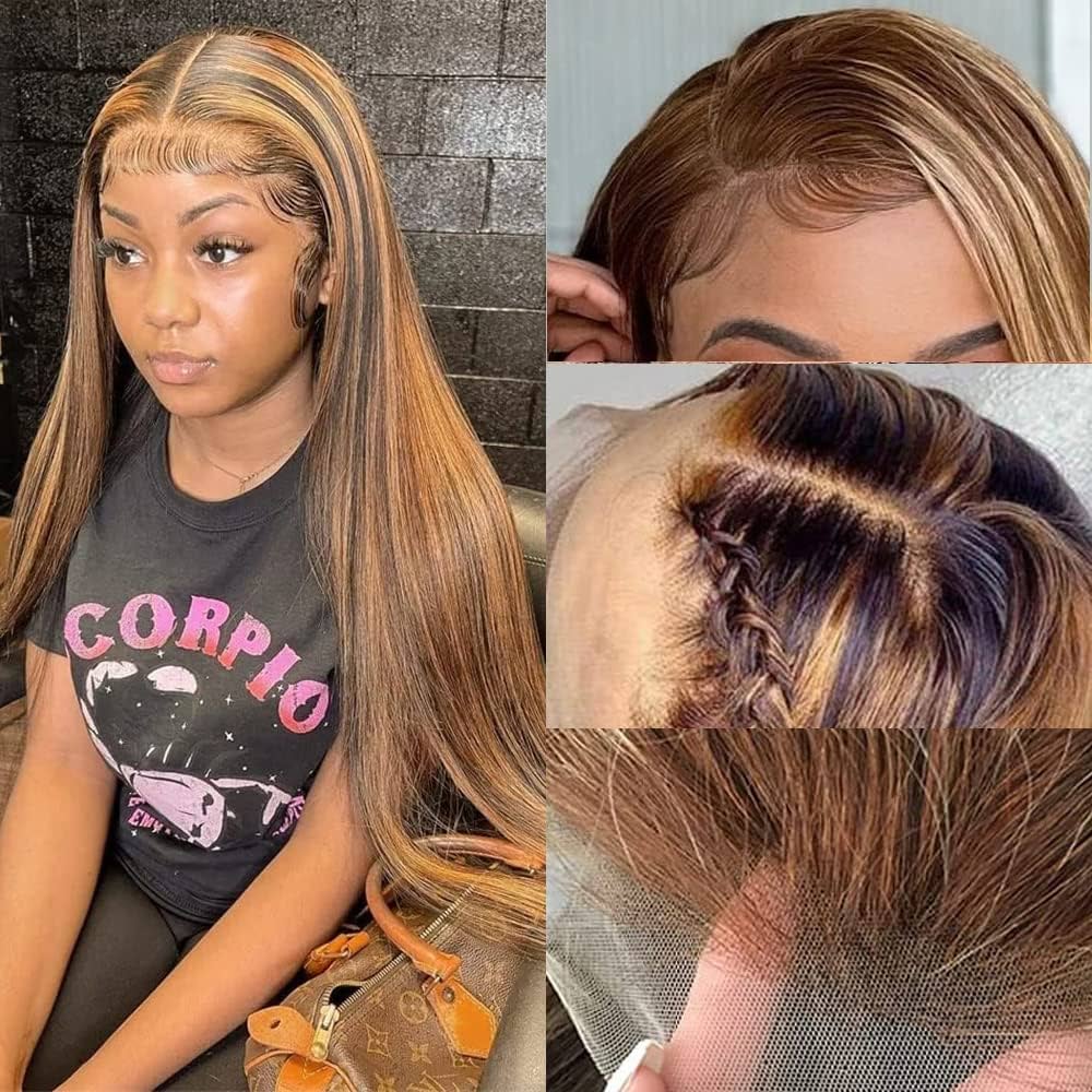 Ready to go Glueless 13x4 Straight Highlight Lace Frontal P4/27 Honey Blonde Wigs