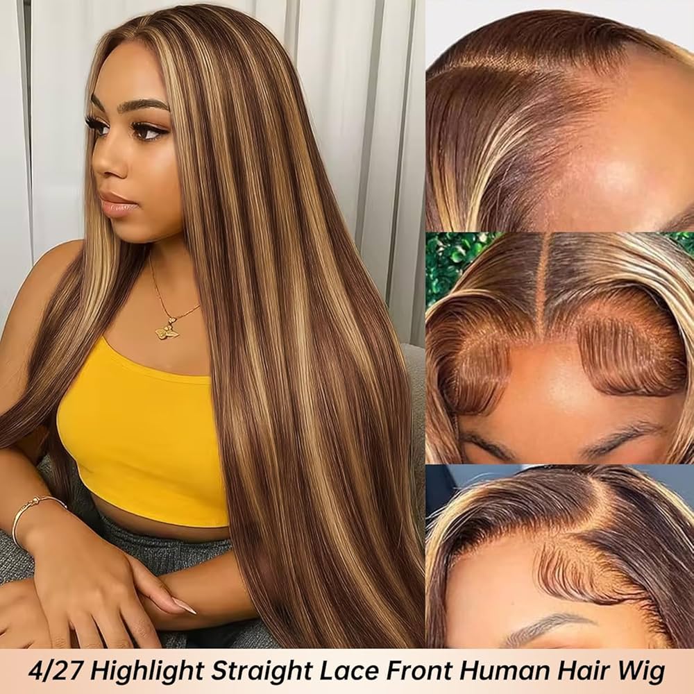 Ready to go Glueless 13x4 Straight Highlight Lace Frontal P4/27 Honey Blonde Wigs
