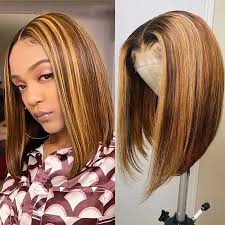 Glueless 13x4 Lace Frontal Honey Blonde Ombre Highlight Bob wig Remy Hair