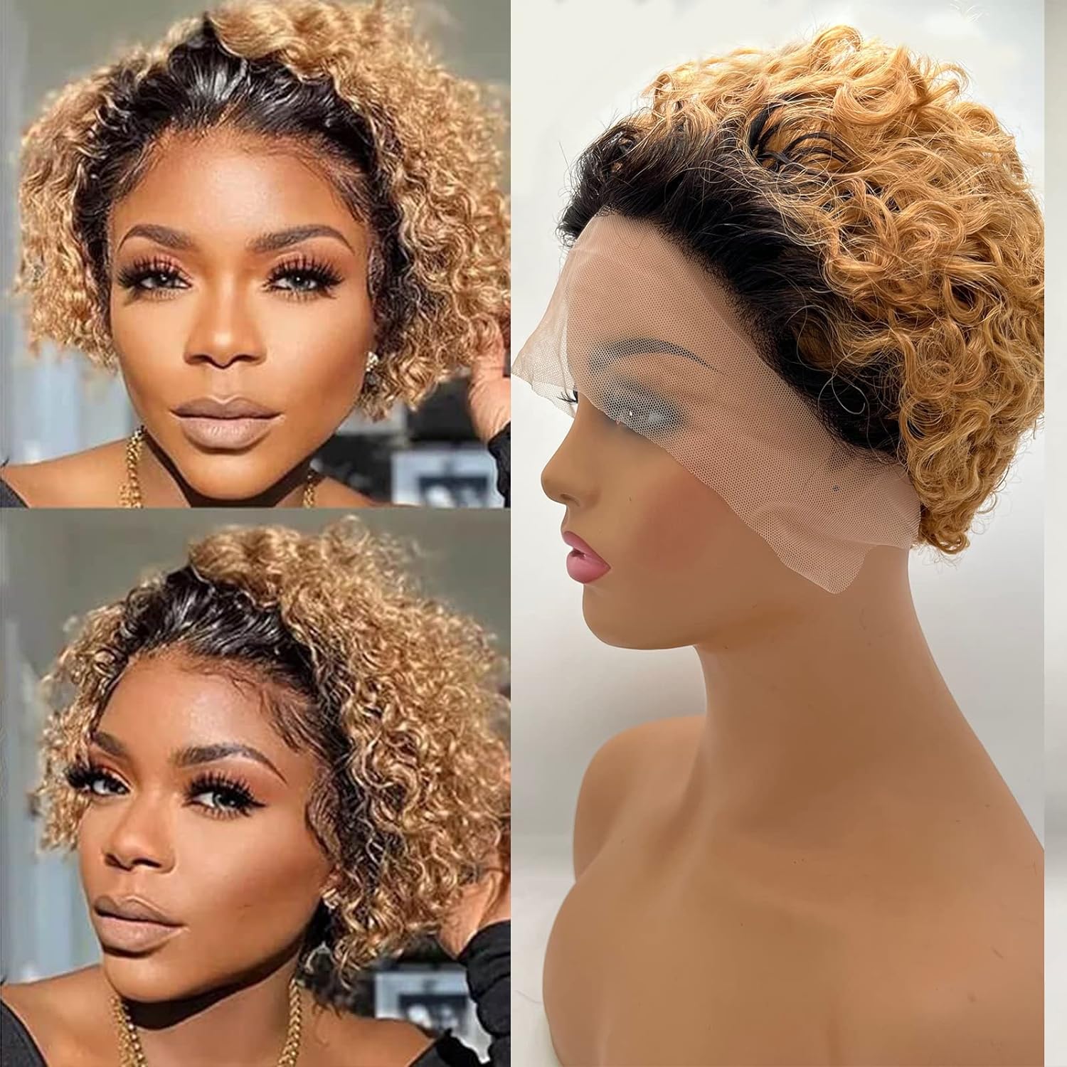 Flash Sale | Short Curly Pixie Cut 13x1 Lace Wig Natural Black & 1B/27 Ombre Glueless Wig