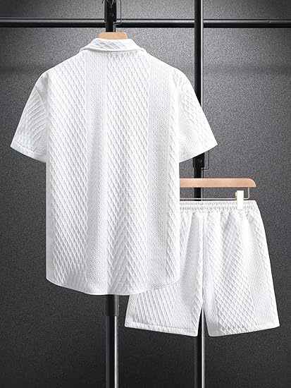 GORGLITTER Men's 2 Piece Outfits Waffle Knit Button Down Shirt Top and Shorts Set