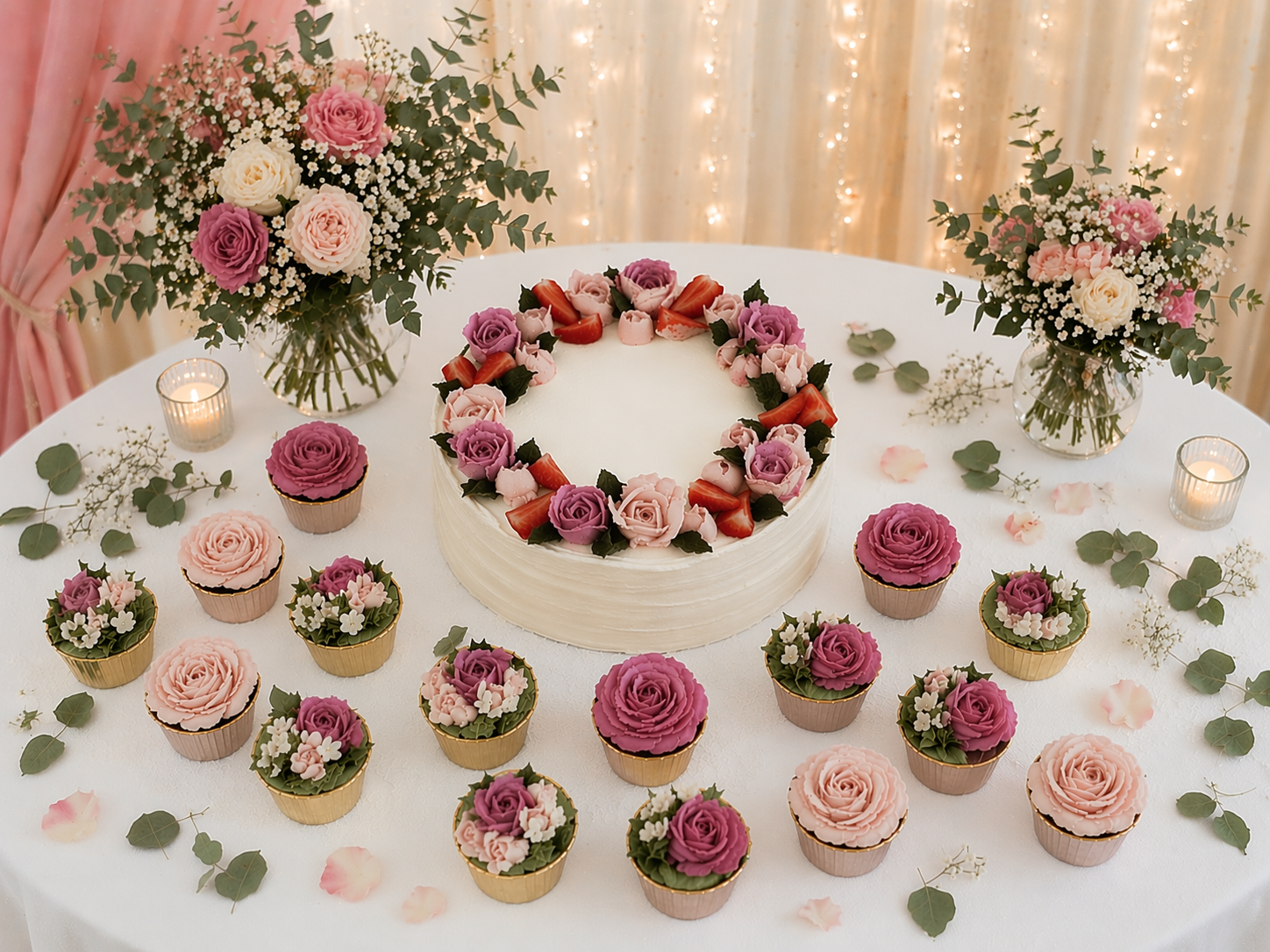Tarta floral con 15 cupcakes florales 