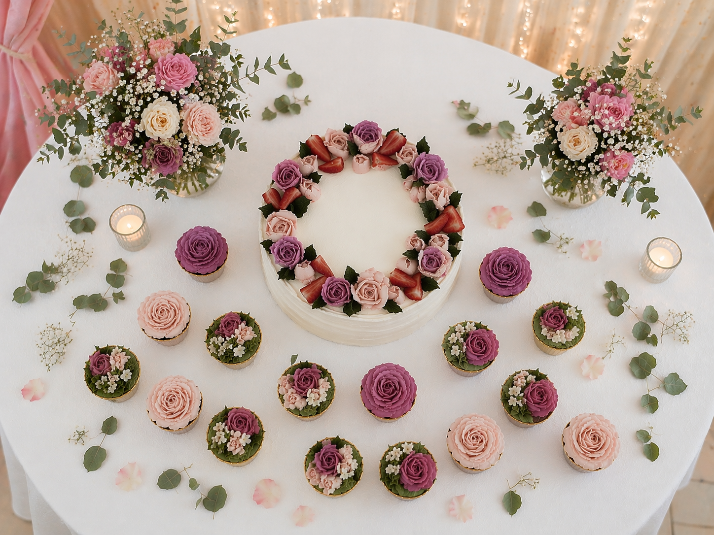 Tarta floral con 15 cupcakes florales 