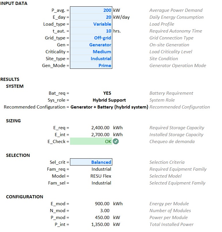 Herramienta de Dimensionamiento BESS en Excel – Calculadora de Sistemas de Baterías