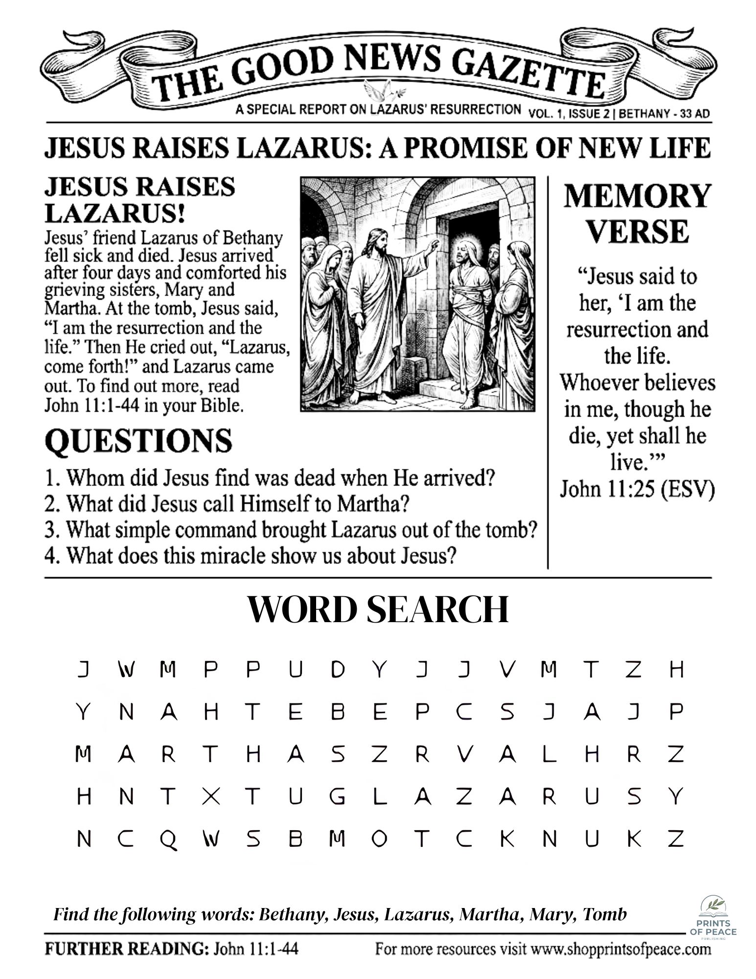 Jesus Raises Lazarus Printable Gazette Activity Sheet