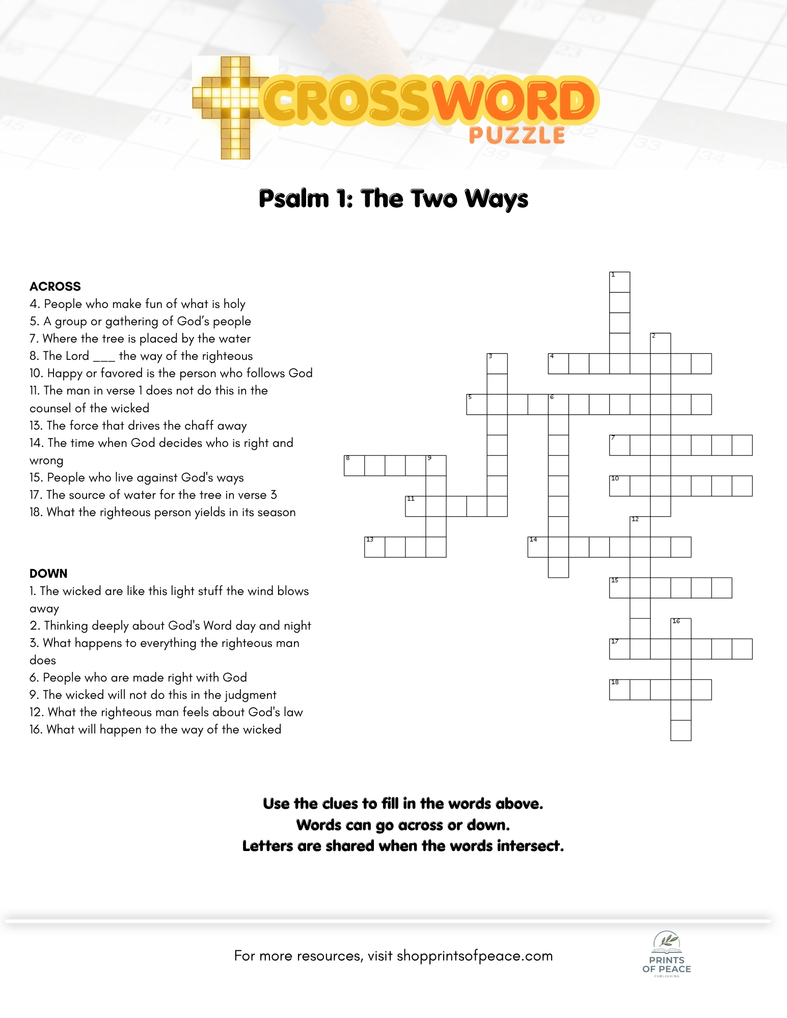 Psalm 1: The Two Ways Crossword Puzzle (For Youth)