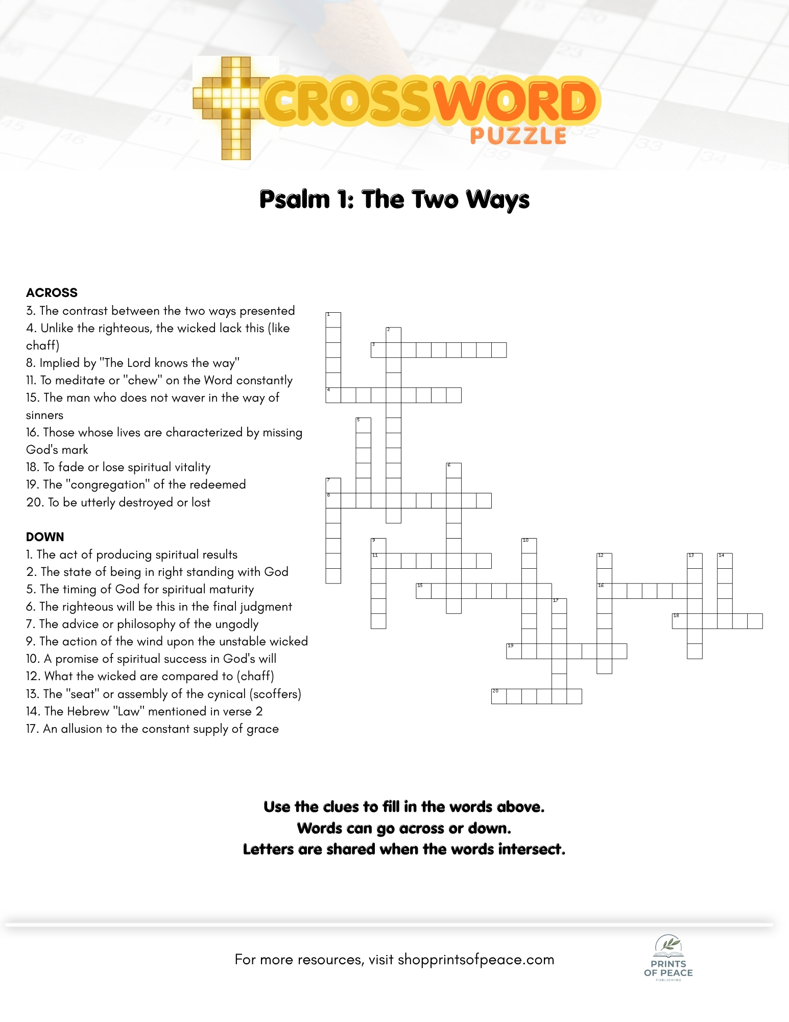 Psalm 1 Adult Crossword Puzzle and Answer Guide