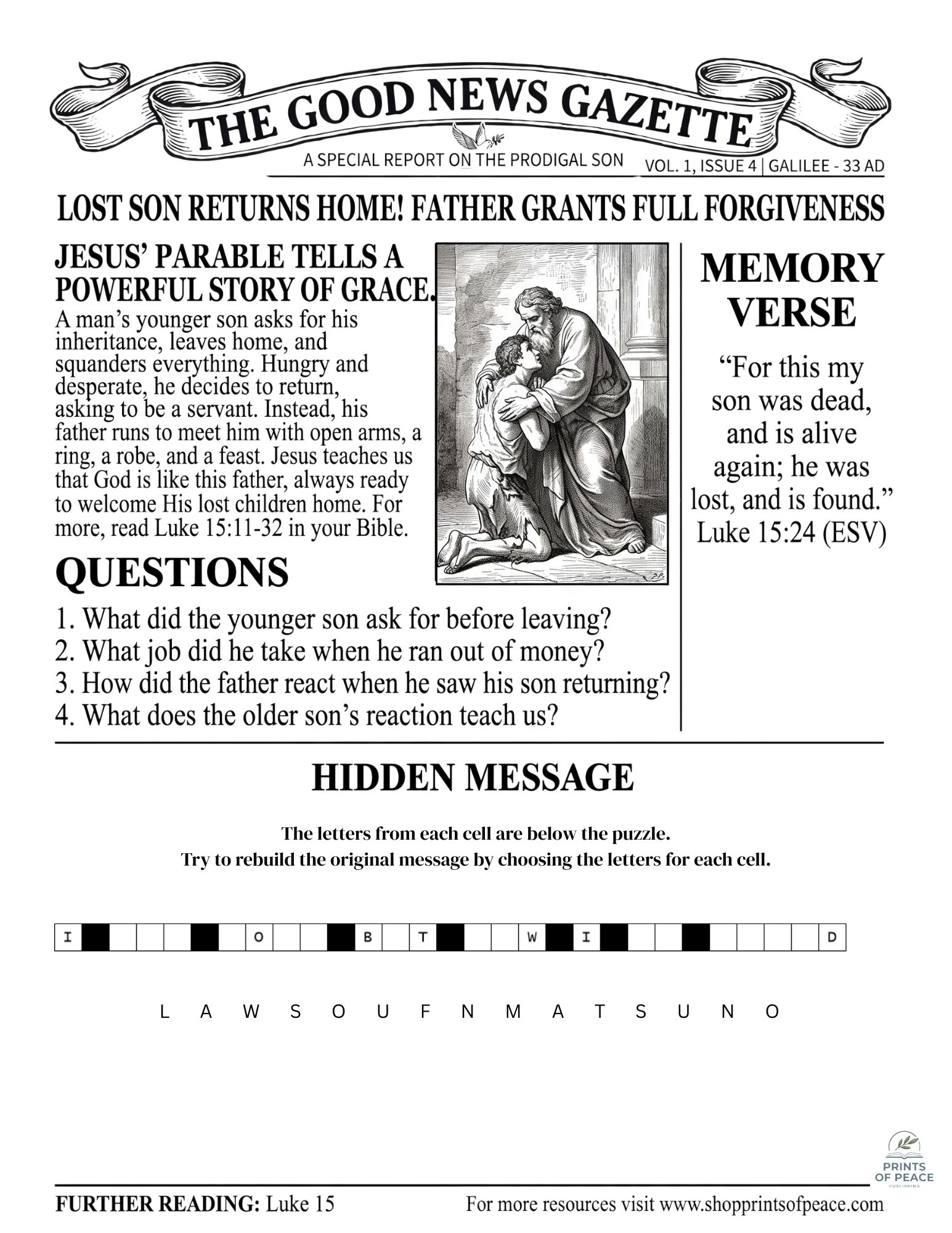 Prodigal Son Printable Gazette Activity Sheet