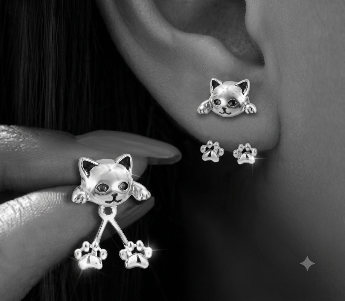 Cat and Paw Earrings Set