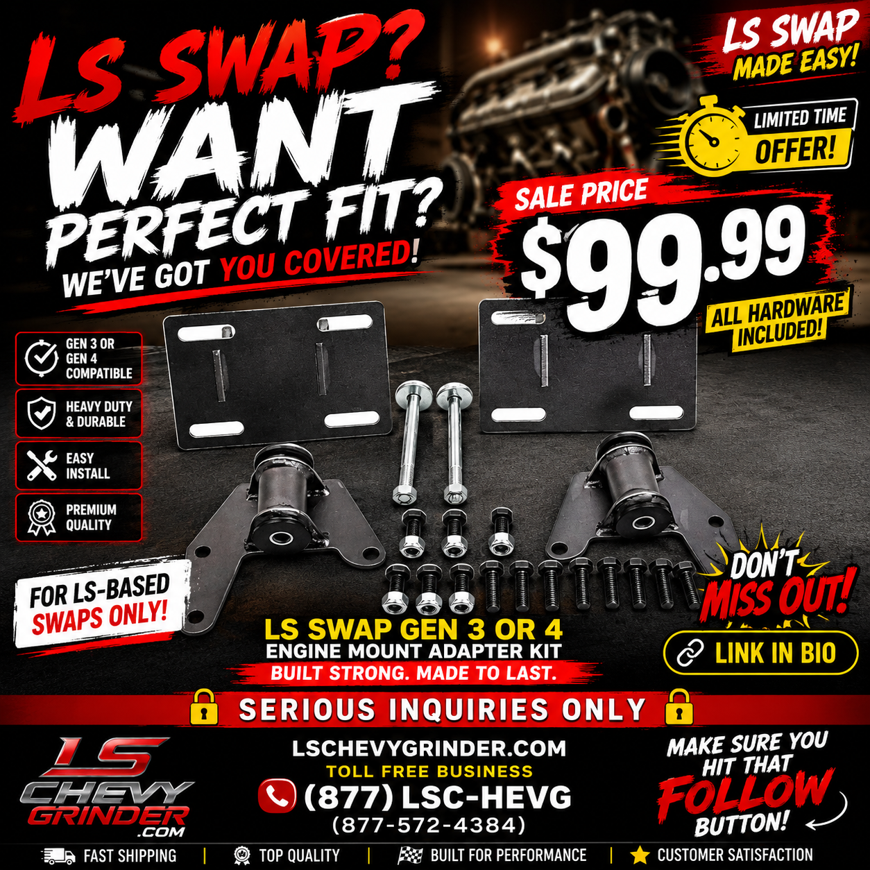 LS Swap Gen 3 or 4 Engine Mount Adapter Kit