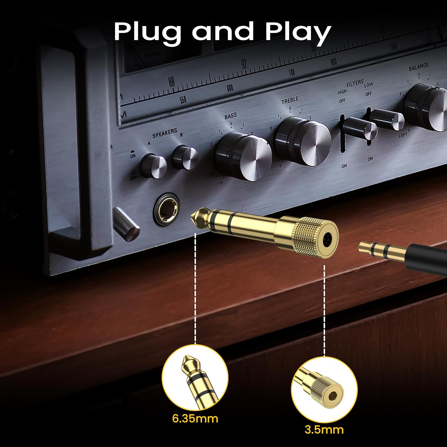 .35mm to 3.5mm Audio Jack Adapter,1/4 Inch Male to 1/8 Inch Female Stereo Gold-Plated Connector for Headphones, Guitar, Amplifier, Digital Piano, Speaker & Aux Cable