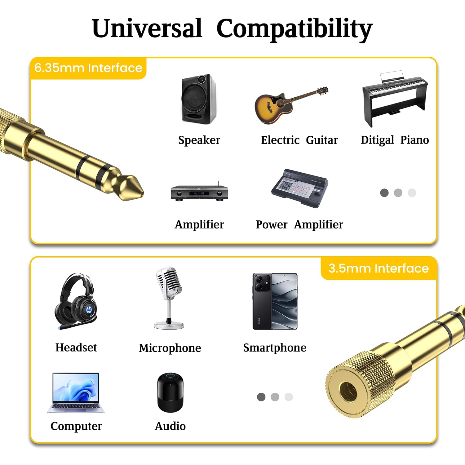 .35mm to 3.5mm Audio Jack Adapter,1/4 Inch Male to 1/8 Inch Female Stereo Gold-Plated Connector for Headphones, Guitar, Amplifier, Digital Piano, Speaker & Aux Cable