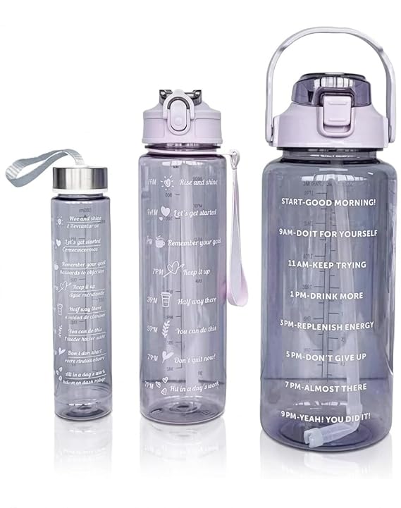 Motivational Water Bottle Set of 3, with Time Marker, Hydration Tracker, Gym and Fitness Use
