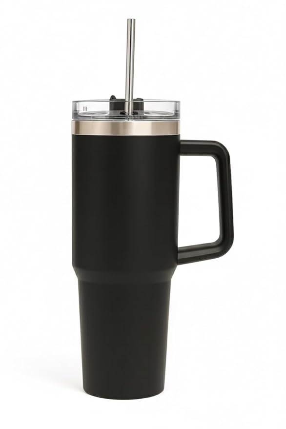 1200ml Stainless Steel Tumbler with Handle & Steel Straw | Double Wall Vacuum Insulated Mug | Spill Proof Lid | Beer & Cold Drink Travel Cup