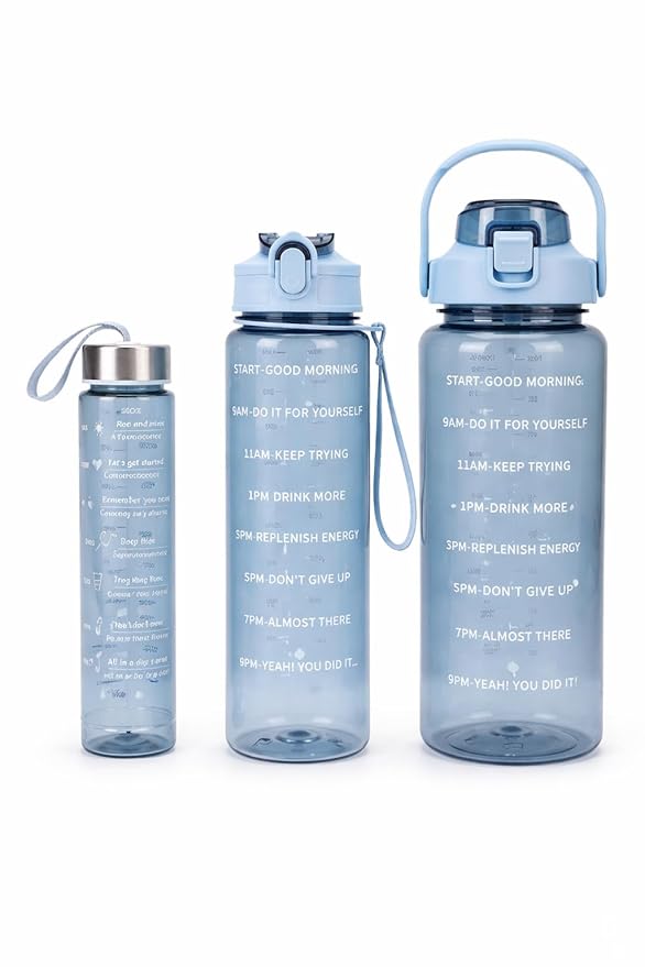 Motivational Water Bottle Set of 3, with Time Marker, Hydration Tracker, Gym and Fitness Use
