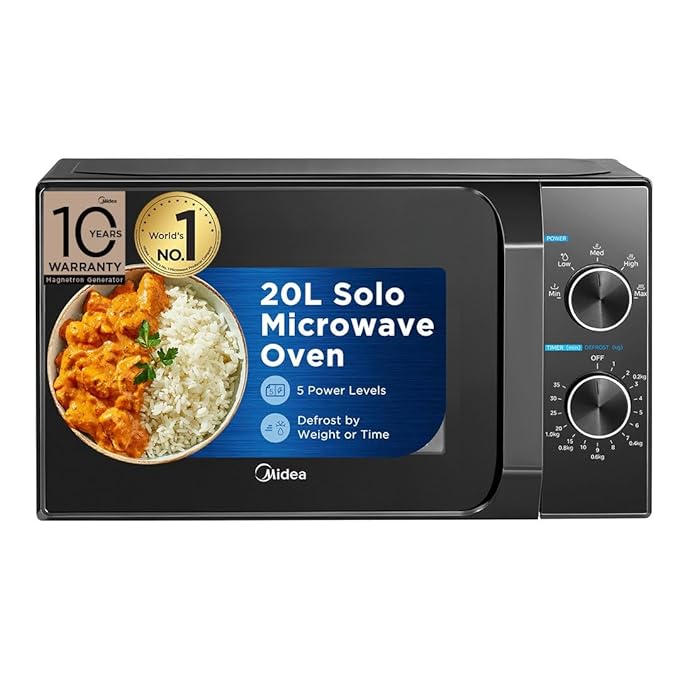 Midea 20L Solo Microwave Oven (Black, 5 power levels & Defrost function)