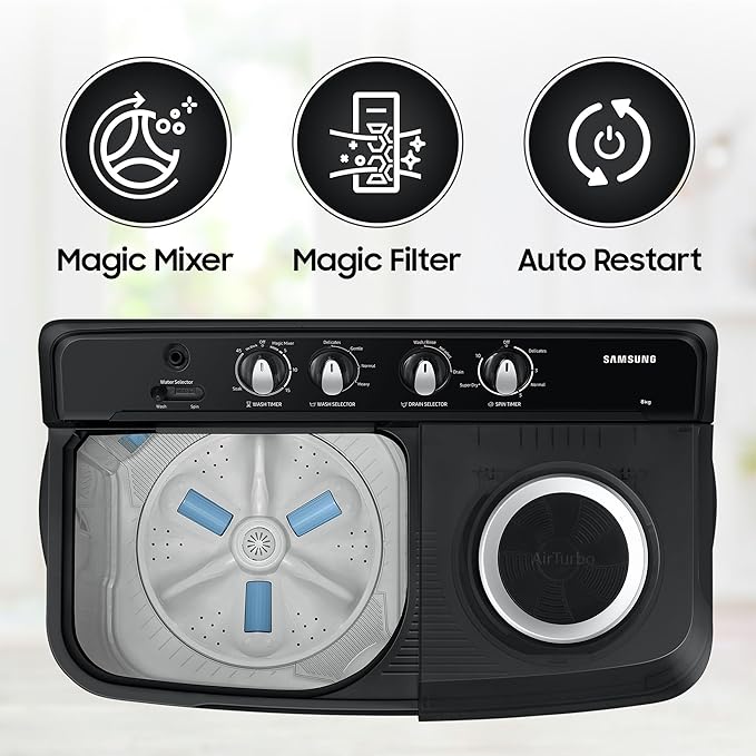 Samsung 8 kg, 5 star, Semi-Automatic Top Load Washing Machine (Air Turbo Drying, 5 Year Warranty on Wash Motor)