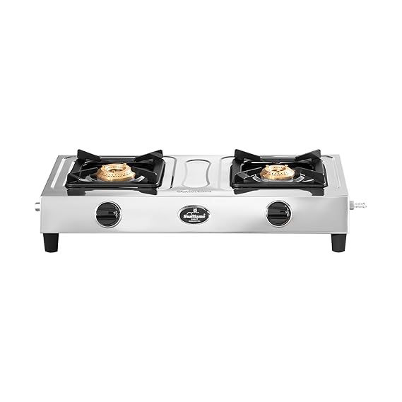 Sunflame 2 Burner Stainless Steel Gas Stove | 1 Medium and 1 Small Brass Burners | 2-Years Product Coverage by Sunflame | Manual Ignition l Euro-Coated Pan Support | Silver
