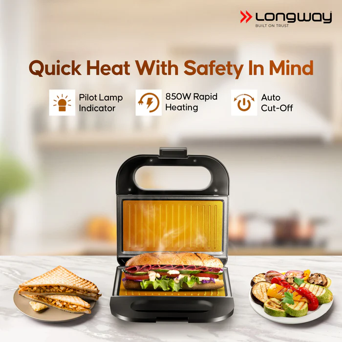 Longway Grilly Pro 850 W Grill Sandwich Maker & Toaster | Non-stick Coating Cast Aluminum Plates | Grills Sandwiches, Bread & Kebabs | 2 Year Warranty
