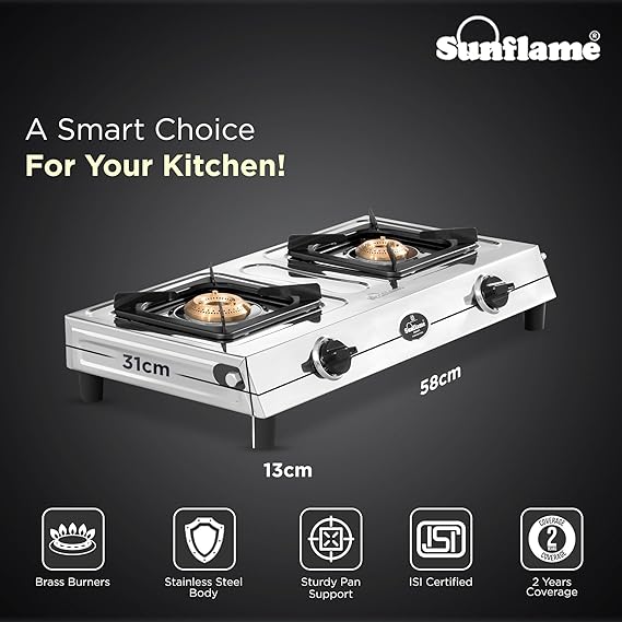 Sunflame 2 Burner Stainless Steel Gas Stove | 1 Medium and 1 Small Brass Burners | 2-Years Product Coverage by Sunflame | Manual Ignition l Euro-Coated Pan Support | Silver
