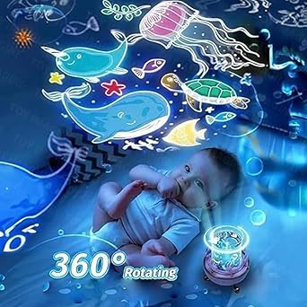 Musical Carousel Night Light Bunny Carousel Night Light Projector, 6 Set Films Rotating LED Lamp, Star Projection Light for A Magical Nursery Atmosphere, Rotatable Rabbit Night Lamp for Kids Room Decor