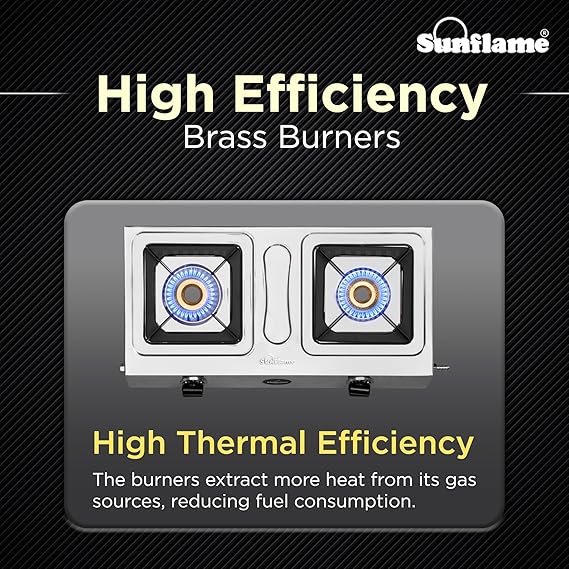 Sunflame 2 Burner Stainless Steel Gas Stove | 1 Medium and 1 Small Brass Burners | 2-Years Product Coverage by Sunflame | Manual Ignition l Euro-Coated Pan Support | Silver