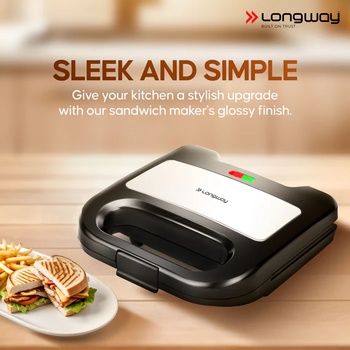 Longway Grilly Pro 850 W Grill Sandwich Maker & Toaster | Non-stick Coating Cast Aluminum Plates | Grills Sandwiches, Bread & Kebabs | 2 Year Warranty