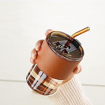 Glass Sipper Tumbler with Leather Sleeve, Lid & Straw | Reusable Coffee, Tea, Milk & Juice Mug |Leakproof Gift Cup for Kids & Adults