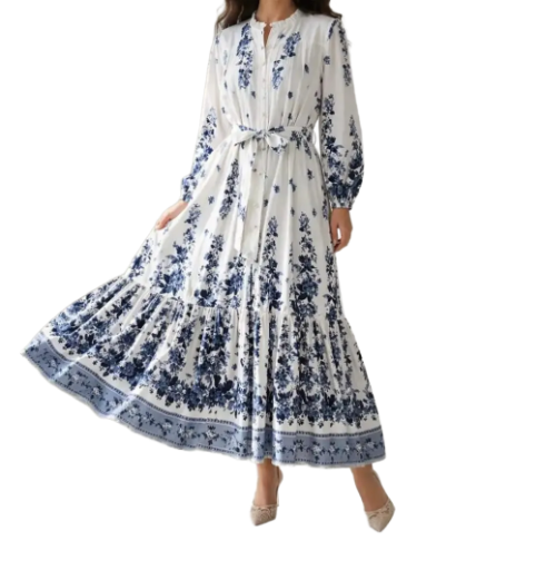 Robe longue bohème blanche à fleurs - Marine