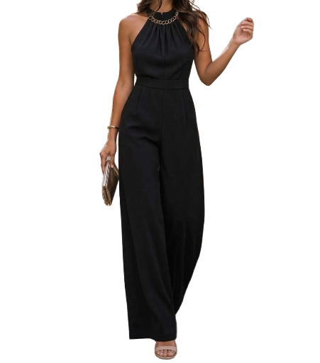 Combinaison pantalon élégante à col chaîne dorée – Noir